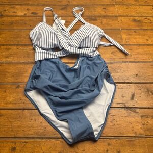 Eoménie‎ Striped Blue Ruched One Piece Swimsuit Women's XL